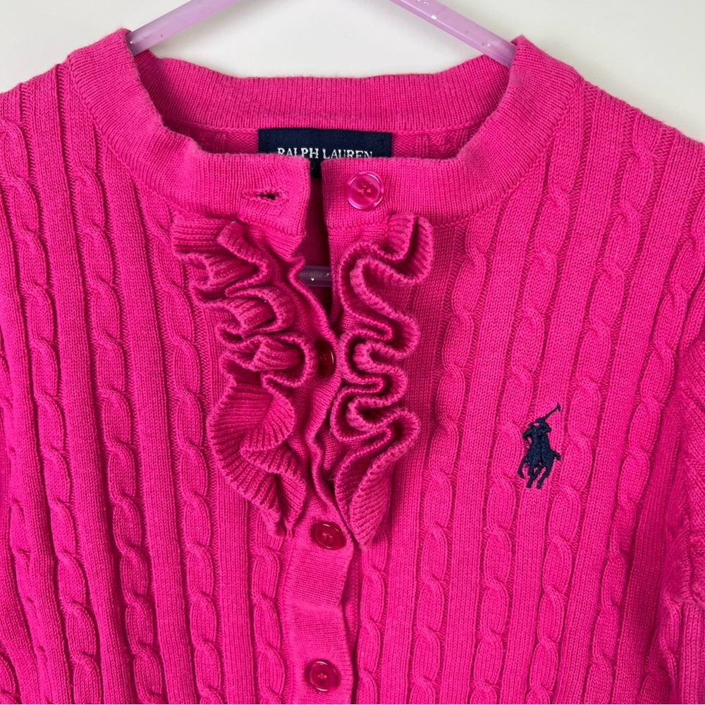 Ralph Lauren Girls Cable Knit Cardigan Pink Button Up Ruffle Size M (AU 3/4) - Picture 4 of 8